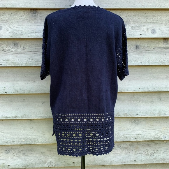 Vintage 90s Navy Blue Solid Print Crochet Trim Short Sleeve Knit Sweater Blouse - Picture 15 of 16